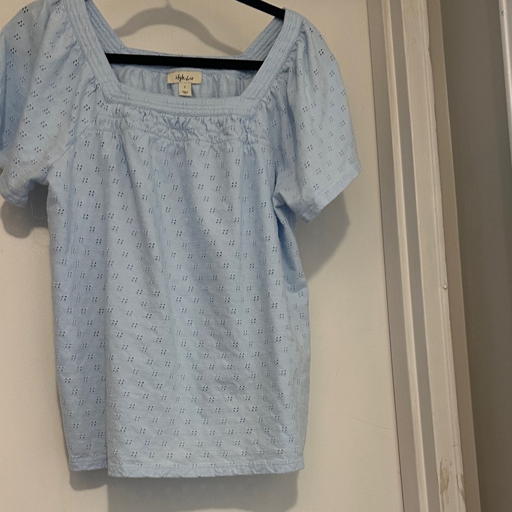 Style & Co Pale Blue Eyelet Square-Neck Blouse